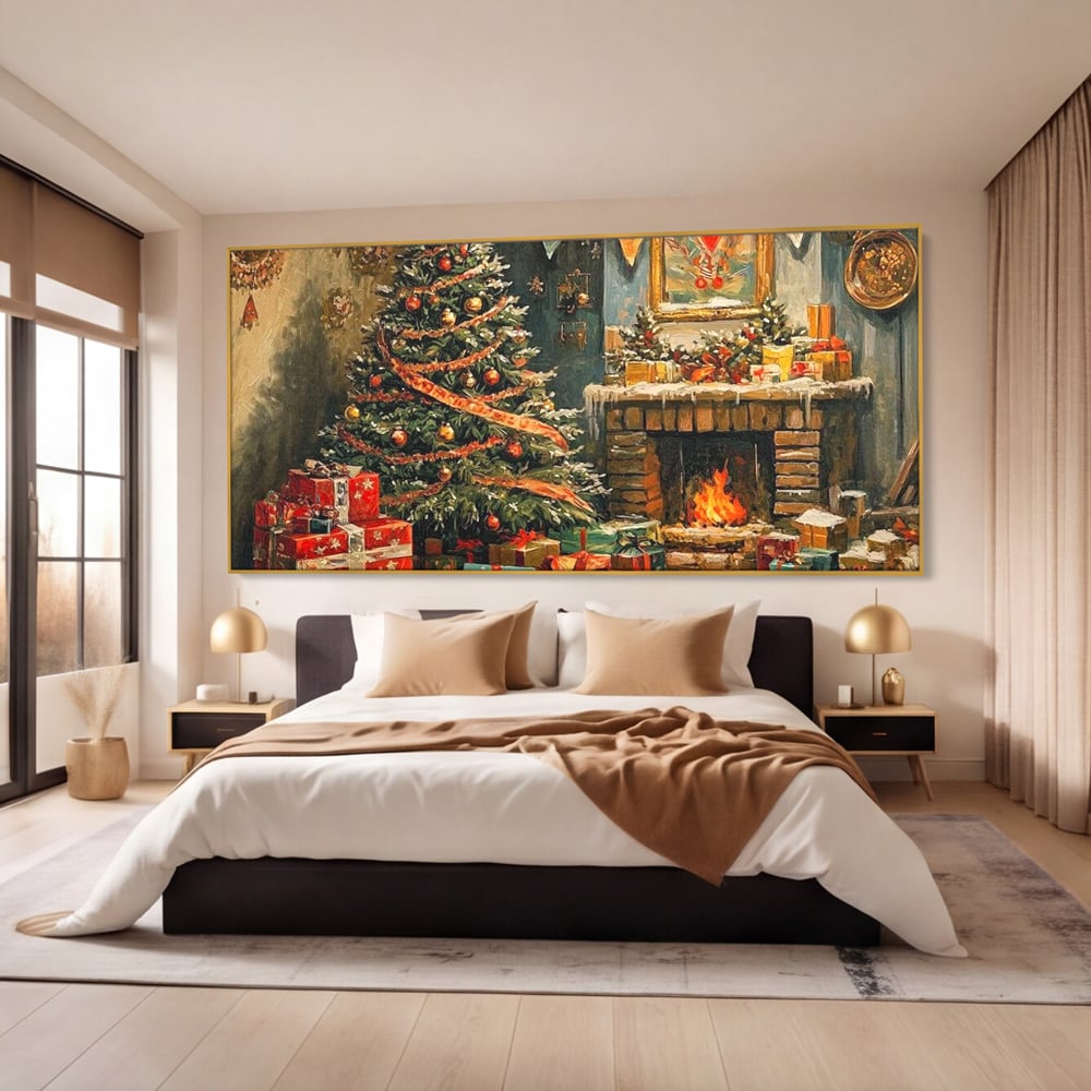 Tablou Canvas Premium LuxCanva® D1019, Noaptea de Ajun ,  Brad, Beculete, Semineu, Foc, Daruri, Living Room, Culori vibrante