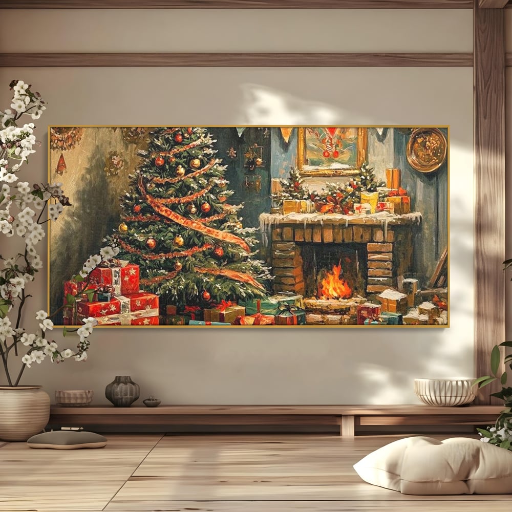 Tablou Canvas Premium LuxCanva® D1019, Noaptea de Ajun ,  Brad, Beculete, Semineu, Foc, Daruri, Living Room, Culori vibrante
