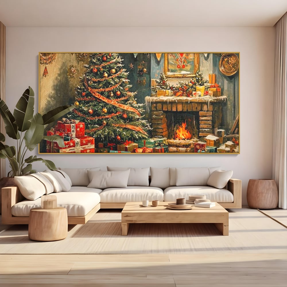 Tablou Canvas Premium LuxCanva® D1019, Noaptea de Ajun ,  Brad, Beculete, Semineu, Foc, Daruri, Living Room, Culori vibrante