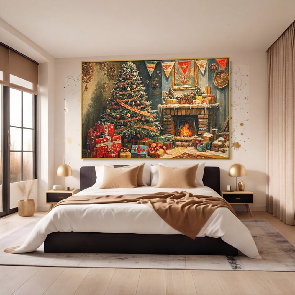 Tablou Canvas Premium LuxCanva® D1019, Noaptea de Ajun ,  Brad, Beculete, Semineu, Foc, Daruri, Living Room, Culori vibrante