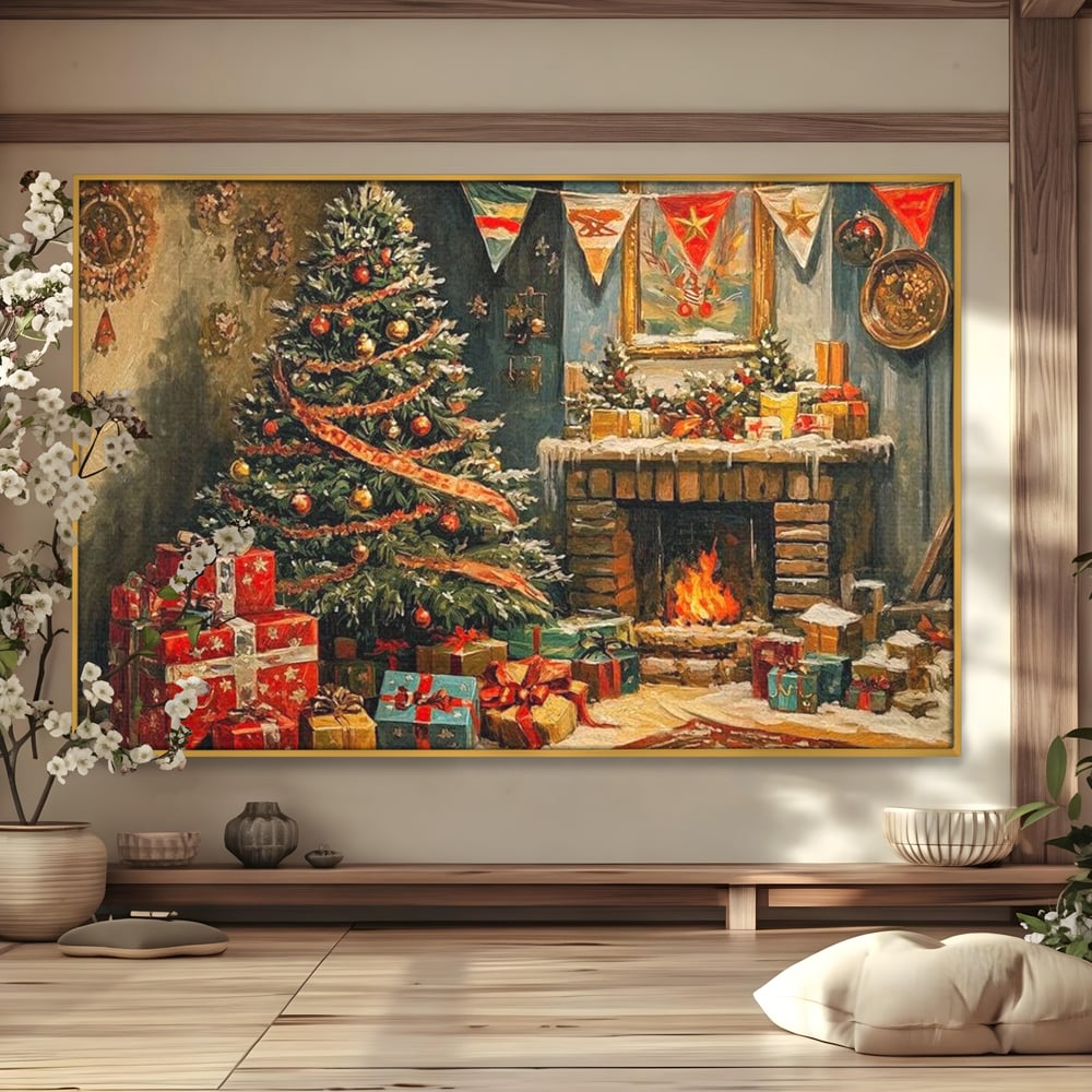 Tablou Canvas Premium LuxCanva® D1019, Noaptea de Ajun ,  Brad, Beculete, Semineu, Foc, Daruri, Living Room, Culori vibrante