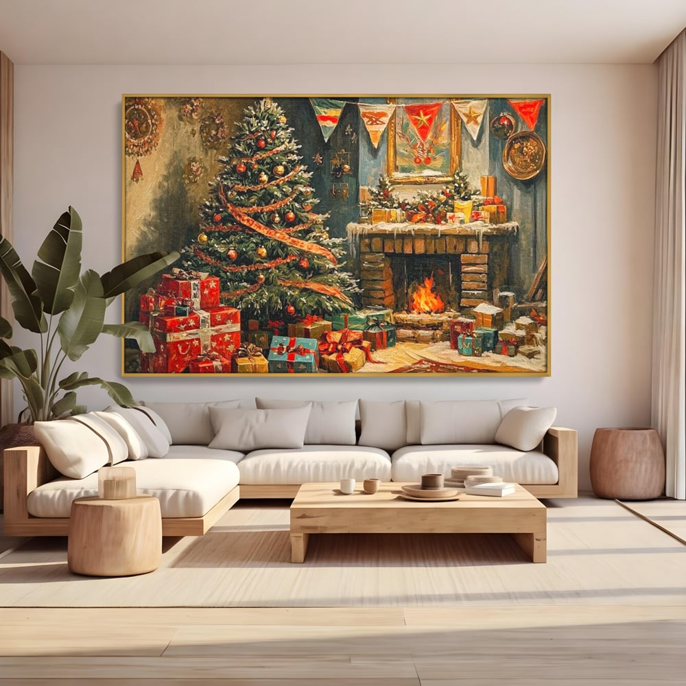 Tablou Canvas Premium LuxCanva® D1019, Noaptea de Ajun ,  Brad, Beculete, Semineu, Foc, Daruri, Living Room, Culori vibrante