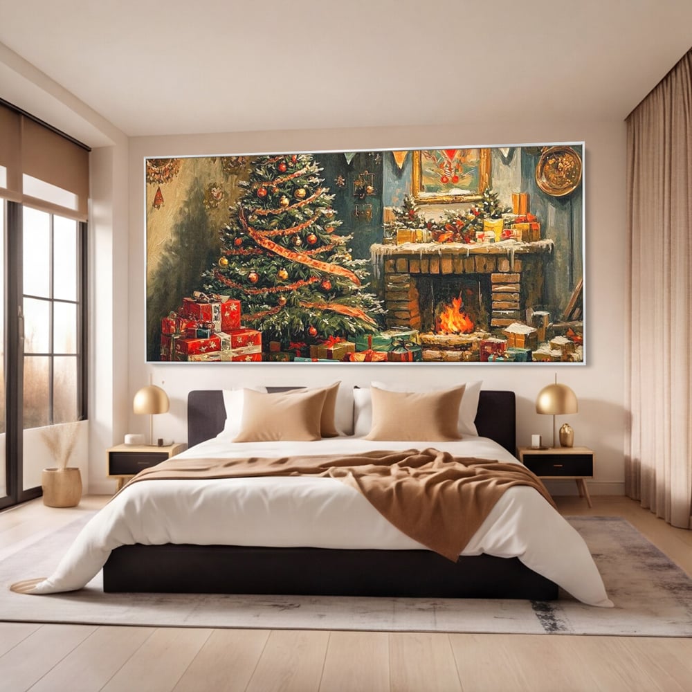 Tablou Canvas Premium LuxCanva® D1019, Noaptea de Ajun ,  Brad, Beculete, Semineu, Foc, Daruri, Living Room, Culori vibrante
