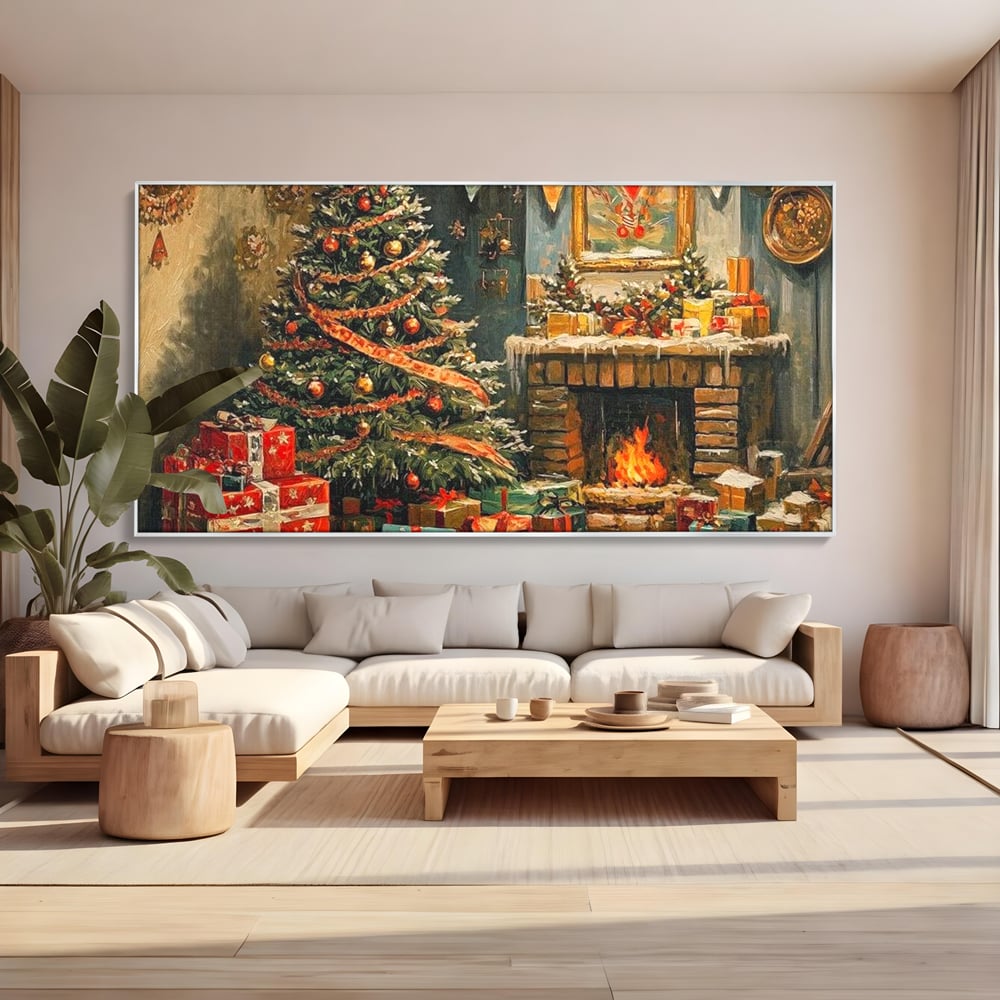 Tablou Canvas Premium LuxCanva® D1019, Noaptea de Ajun ,  Brad, Beculete, Semineu, Foc, Daruri, Living Room, Culori vibrante