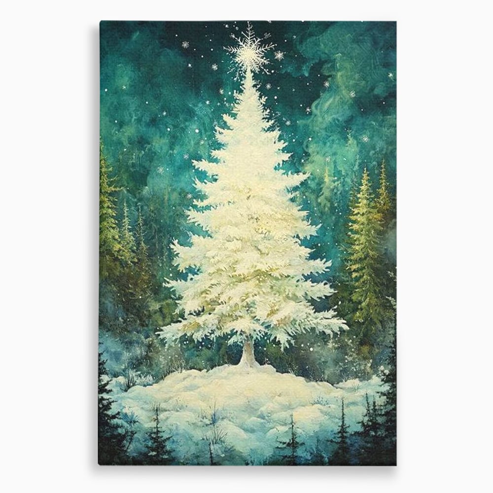 Leinwandbilder Premium, LuxCanva® D1020, Die Magie des weißen Tannenbaums, Weiß, Tanne, Weiß, Schnee, Magie, Freude, Wohnzimmer, Lebendige Farben