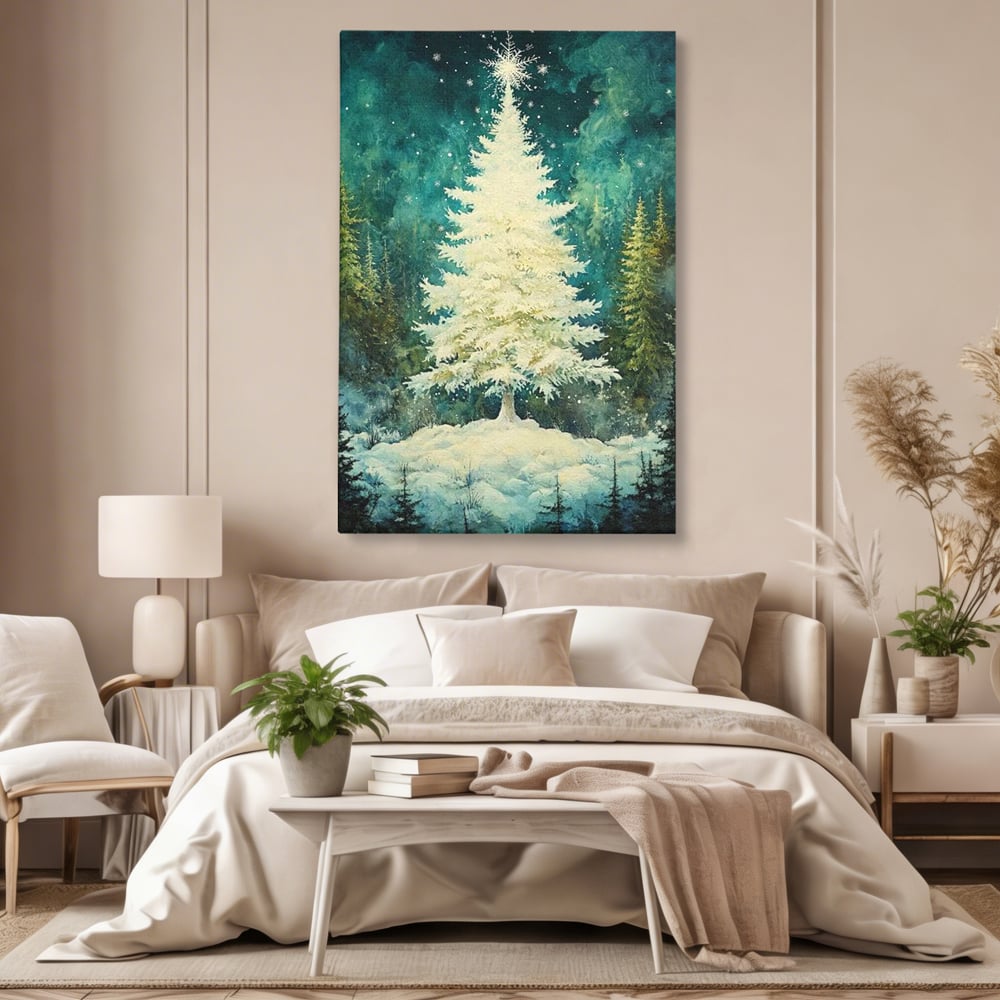 Leinwandbilder Premium, LuxCanva® D1020, Die Magie des weißen Tannenbaums, Weiß, Tanne, Weiß, Schnee, Magie, Freude, Wohnzimmer, Lebendige Farben
