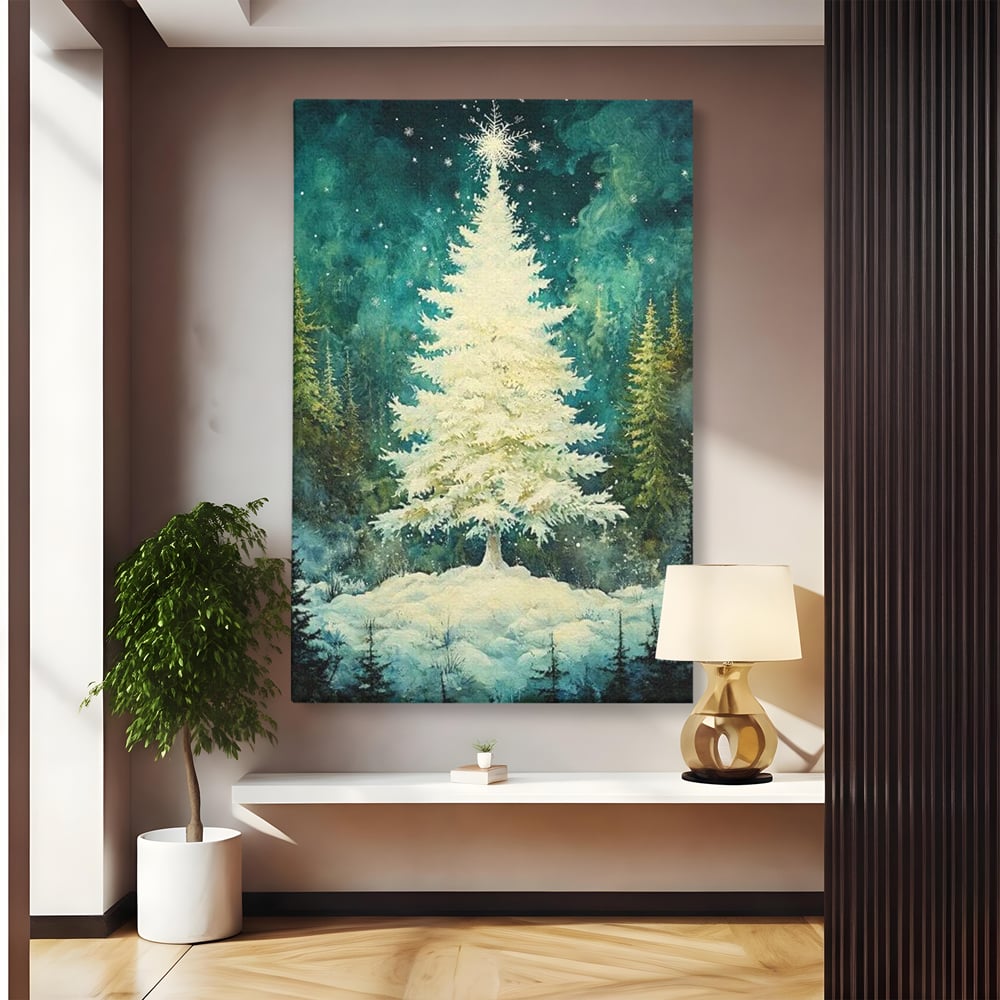 Leinwandbilder Premium, LuxCanva® D1020, Die Magie des weißen Tannenbaums, Weiß, Tanne, Weiß, Schnee, Magie, Freude, Wohnzimmer, Lebendige Farben