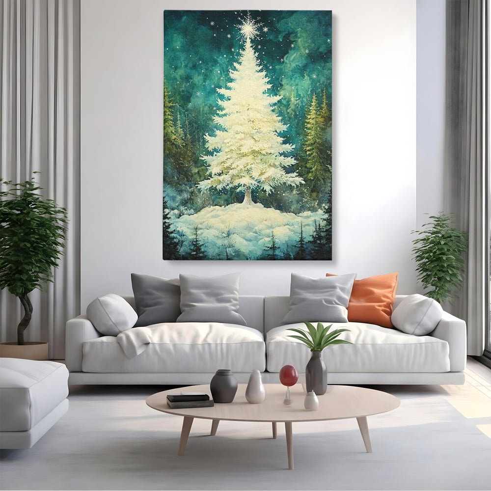 Leinwandbilder Premium, LuxCanva® D1020, Die Magie des weißen Tannenbaums, Weiß, Tanne, Weiß, Schnee, Magie, Freude, Wohnzimmer, Lebendige Farben