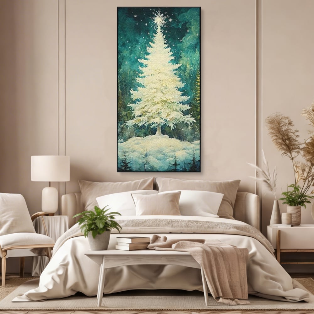 Leinwandbilder Premium, LuxCanva® D1020, Die Magie des weißen Tannenbaums, Weiß, Tanne, Weiß, Schnee, Magie, Freude, Wohnzimmer, Lebendige Farben