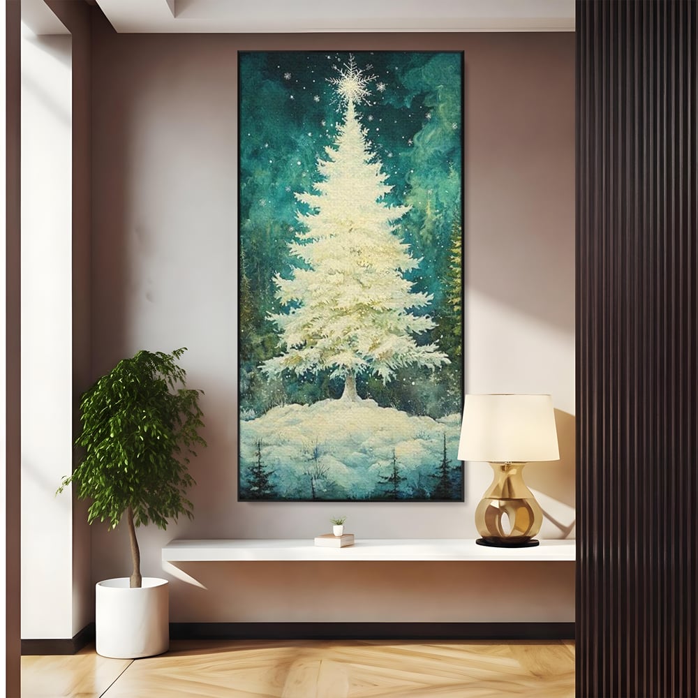 Leinwandbilder Premium, LuxCanva® D1020, Die Magie des weißen Tannenbaums, Weiß, Tanne, Weiß, Schnee, Magie, Freude, Wohnzimmer, Lebendige Farben