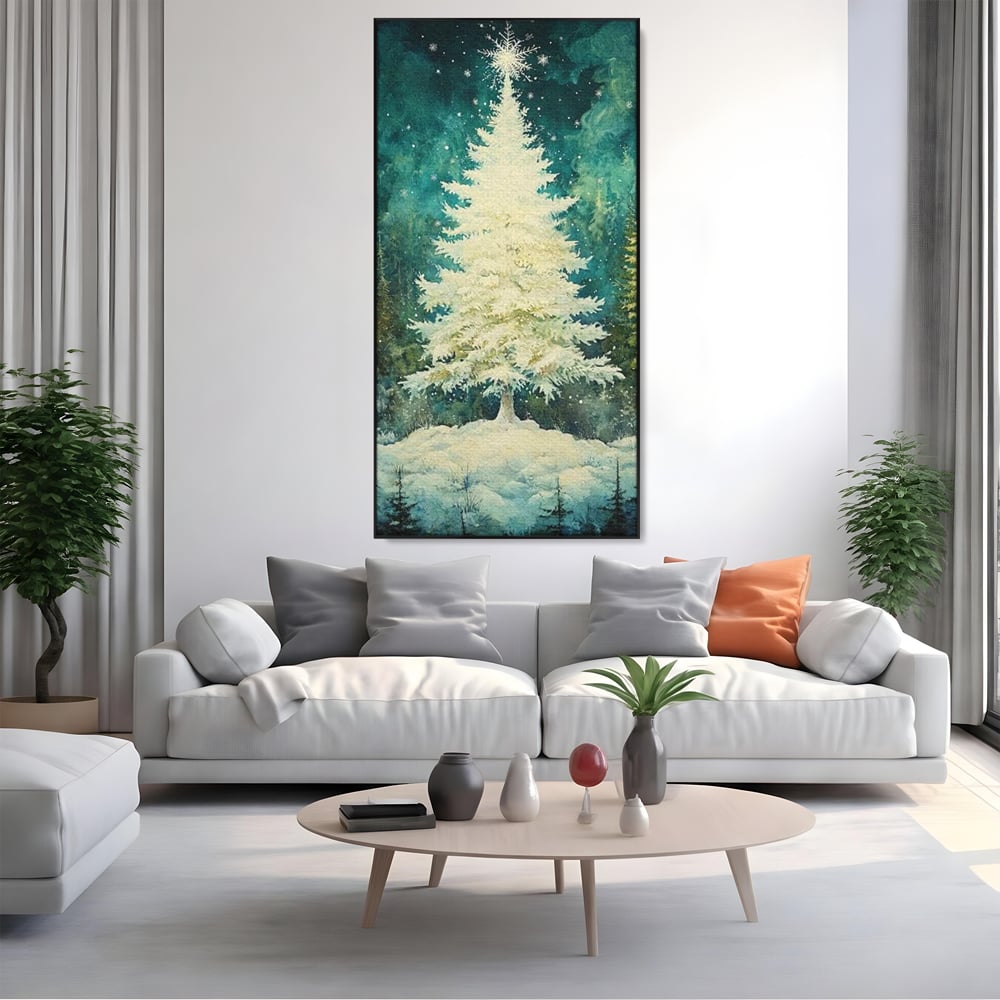 Leinwandbilder Premium, LuxCanva® D1020, Die Magie des weißen Tannenbaums, Weiß, Tanne, Weiß, Schnee, Magie, Freude, Wohnzimmer, Lebendige Farben