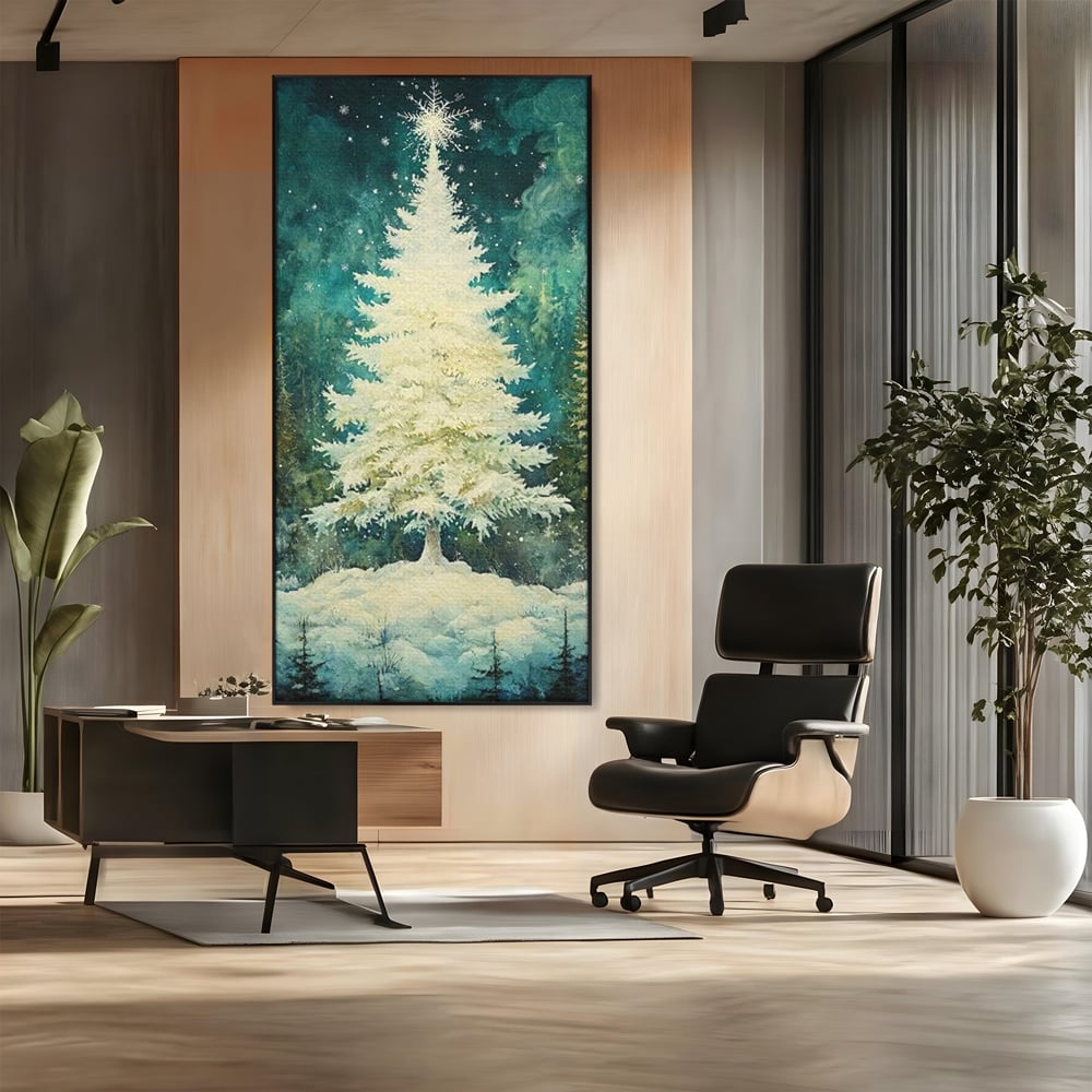 Leinwandbilder Premium, LuxCanva® D1020, Die Magie des weißen Tannenbaums, Weiß, Tanne, Weiß, Schnee, Magie, Freude, Wohnzimmer, Lebendige Farben