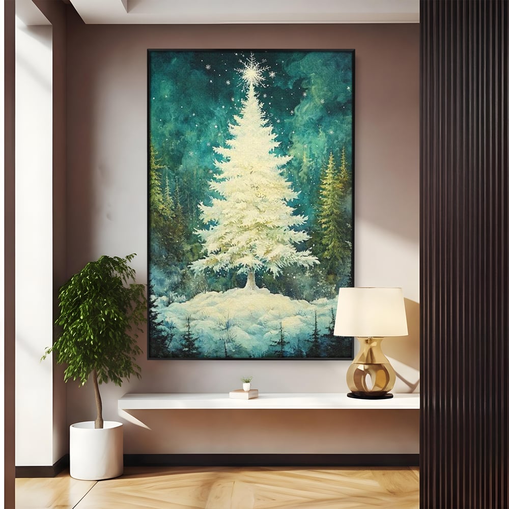 Leinwandbilder Premium, LuxCanva® D1020, Die Magie des weißen Tannenbaums, Weiß, Tanne, Weiß, Schnee, Magie, Freude, Wohnzimmer, Lebendige Farben