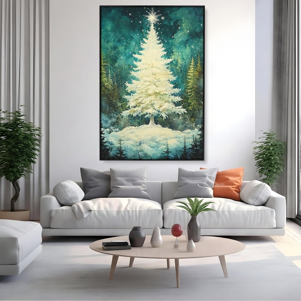 Leinwandbilder Premium, LuxCanva® D1020, Die Magie des weißen Tannenbaums, Weiß, Tanne, Weiß, Schnee, Magie, Freude, Wohnzimmer, Lebendige Farben