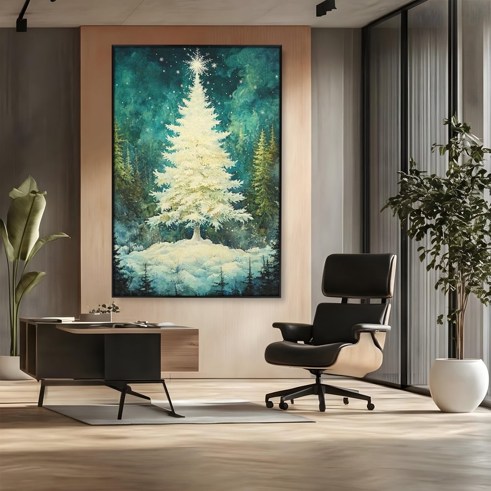Leinwandbilder Premium, LuxCanva® D1020, Die Magie des weißen Tannenbaums, Weiß, Tanne, Weiß, Schnee, Magie, Freude, Wohnzimmer, Lebendige Farben