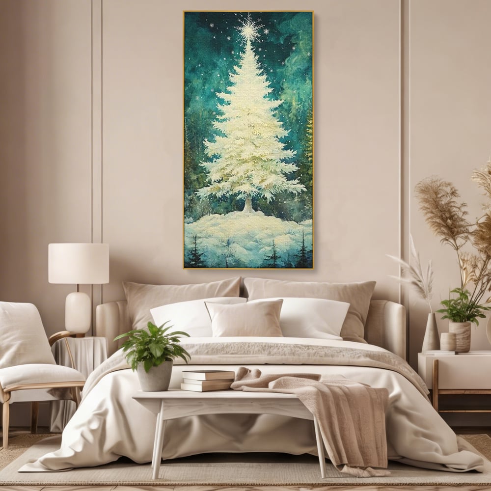Leinwandbilder Premium, LuxCanva® D1020, Die Magie des weißen Tannenbaums, Weiß, Tanne, Weiß, Schnee, Magie, Freude, Wohnzimmer, Lebendige Farben