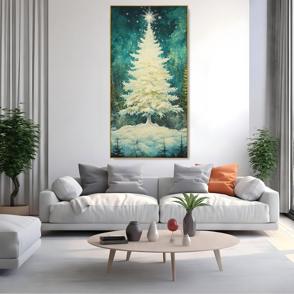 Leinwandbilder Premium, LuxCanva® D1020, Die Magie des weißen Tannenbaums, Weiß, Tanne, Weiß, Schnee, Magie, Freude, Wohnzimmer, Lebendige Farben