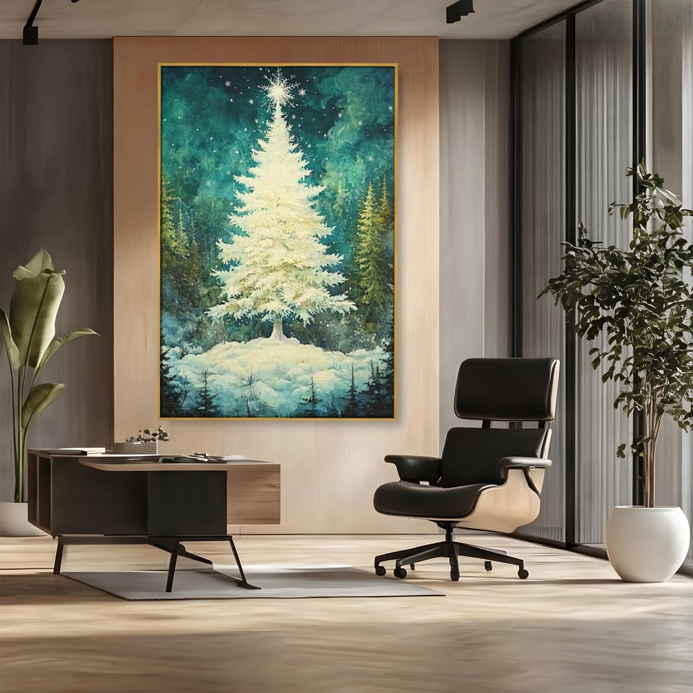 Leinwandbilder Premium, LuxCanva® D1020, Die Magie des weißen Tannenbaums, Weiß, Tanne, Weiß, Schnee, Magie, Freude, Wohnzimmer, Lebendige Farben
