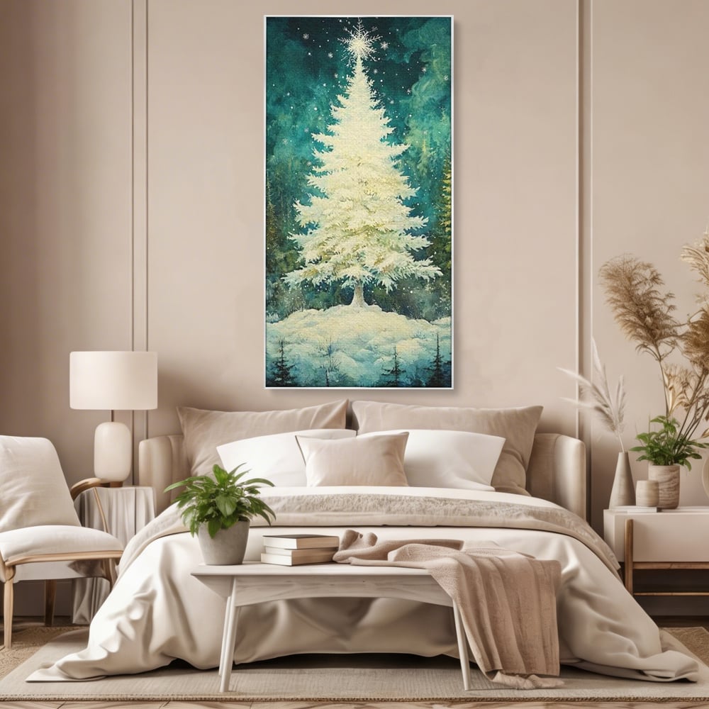 Leinwandbilder Premium, LuxCanva® D1020, Die Magie des weißen Tannenbaums, Weiß, Tanne, Weiß, Schnee, Magie, Freude, Wohnzimmer, Lebendige Farben