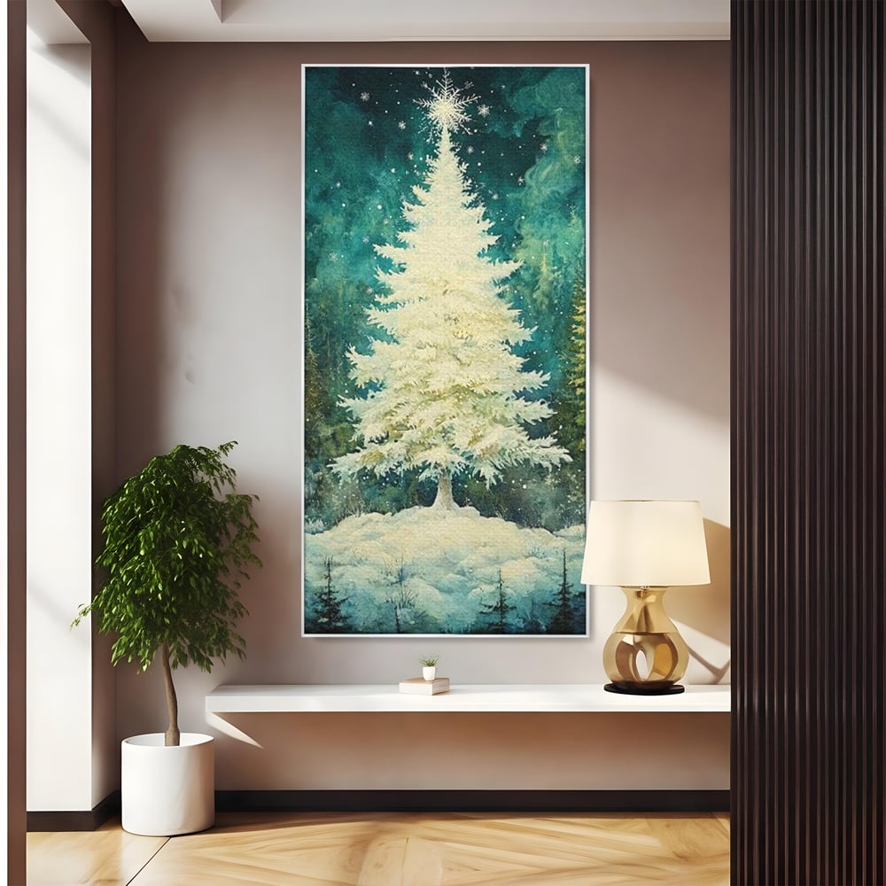 Leinwandbilder Premium, LuxCanva® D1020, Die Magie des weißen Tannenbaums, Weiß, Tanne, Weiß, Schnee, Magie, Freude, Wohnzimmer, Lebendige Farben