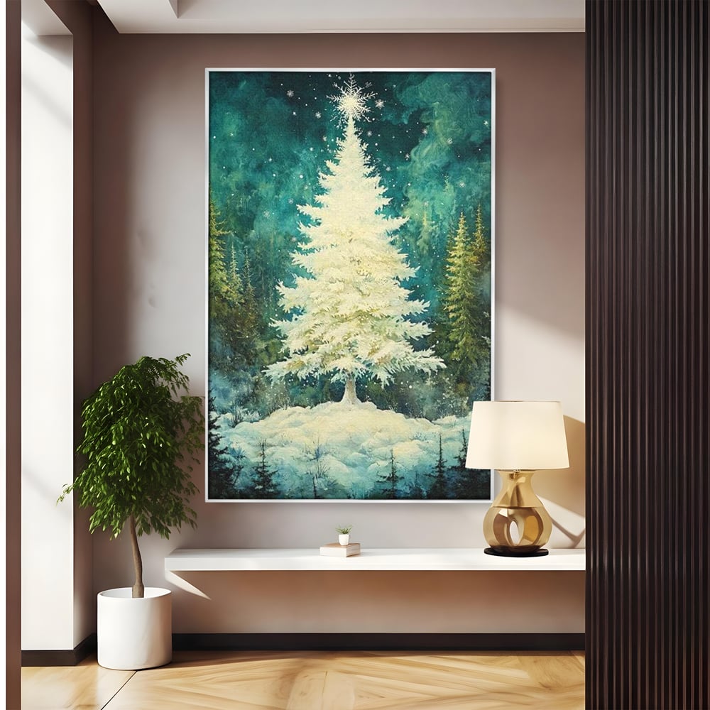 Leinwandbilder Premium, LuxCanva® D1020, Die Magie des weißen Tannenbaums, Weiß, Tanne, Weiß, Schnee, Magie, Freude, Wohnzimmer, Lebendige Farben
