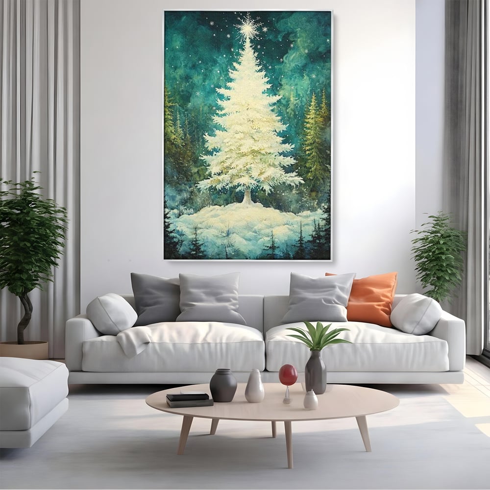 Leinwandbilder Premium, LuxCanva® D1020, Die Magie des weißen Tannenbaums, Weiß, Tanne, Weiß, Schnee, Magie, Freude, Wohnzimmer, Lebendige Farben