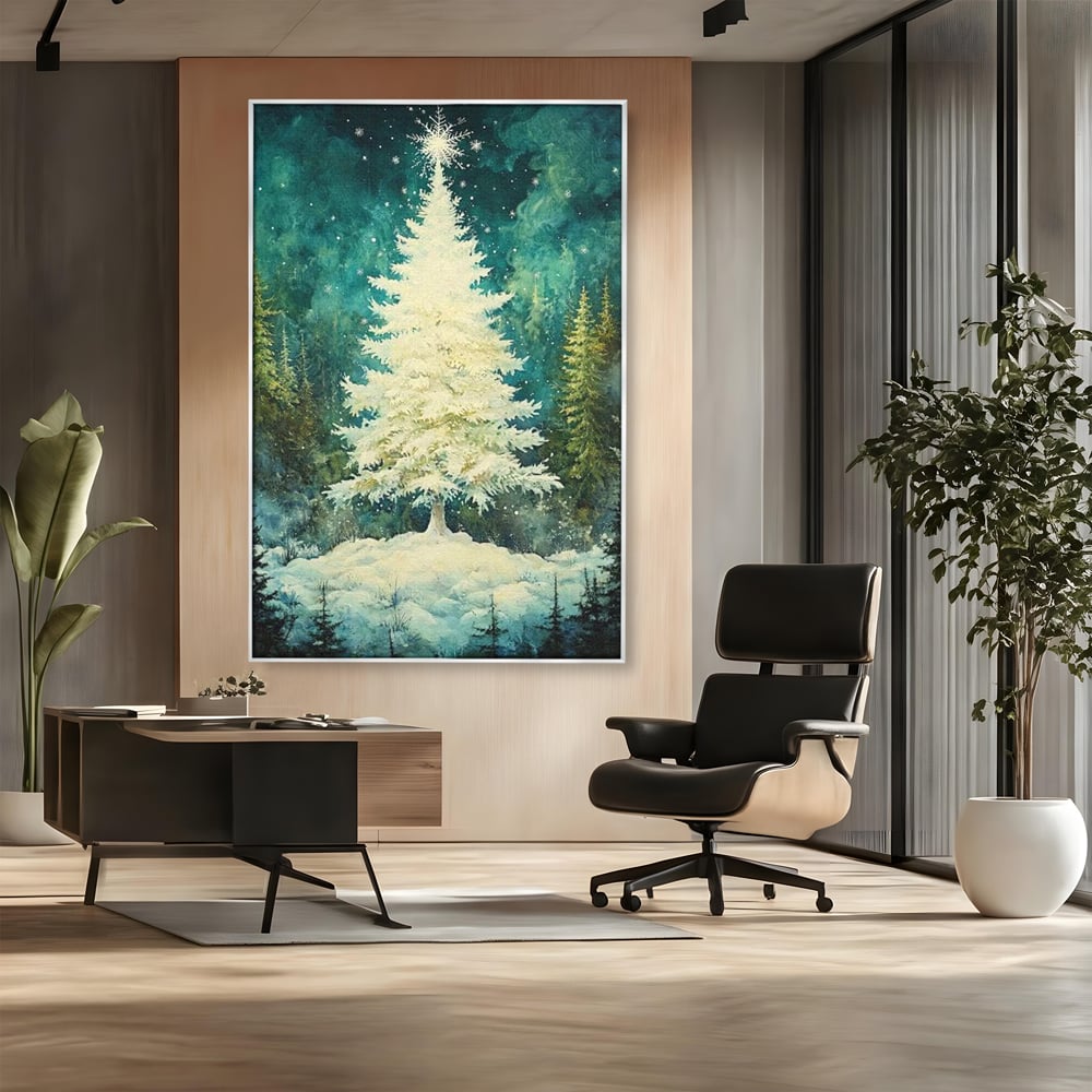 Leinwandbilder Premium, LuxCanva® D1020, Die Magie des weißen Tannenbaums, Weiß, Tanne, Weiß, Schnee, Magie, Freude, Wohnzimmer, Lebendige Farben