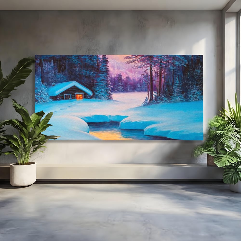 Tablou Canvas Premium LuxCanva® D1021, Cabana dintre Brazi , Brazi, Cabana, Semineu, Foc, Natura, Living Room, Culori vibrante