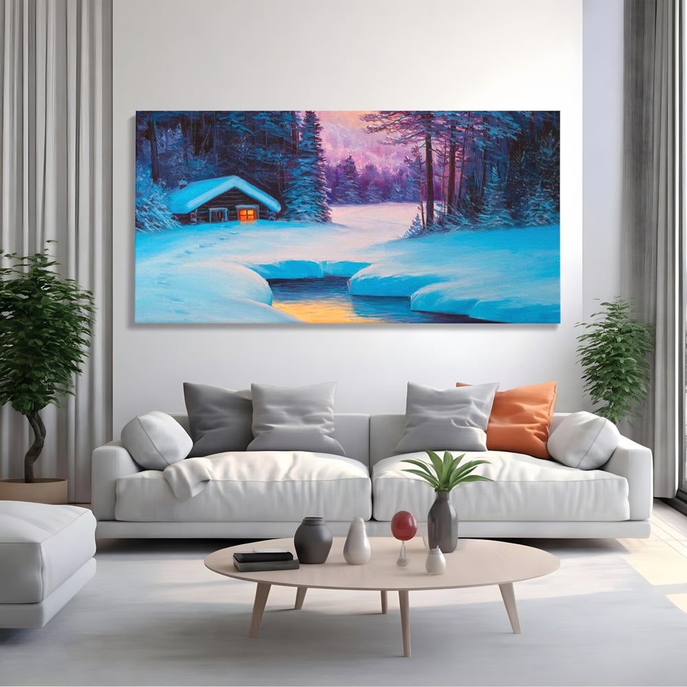 Tablou Canvas Premium LuxCanva® D1021, Cabana dintre Brazi , Brazi, Cabana, Semineu, Foc, Natura, Living Room, Culori vibrante