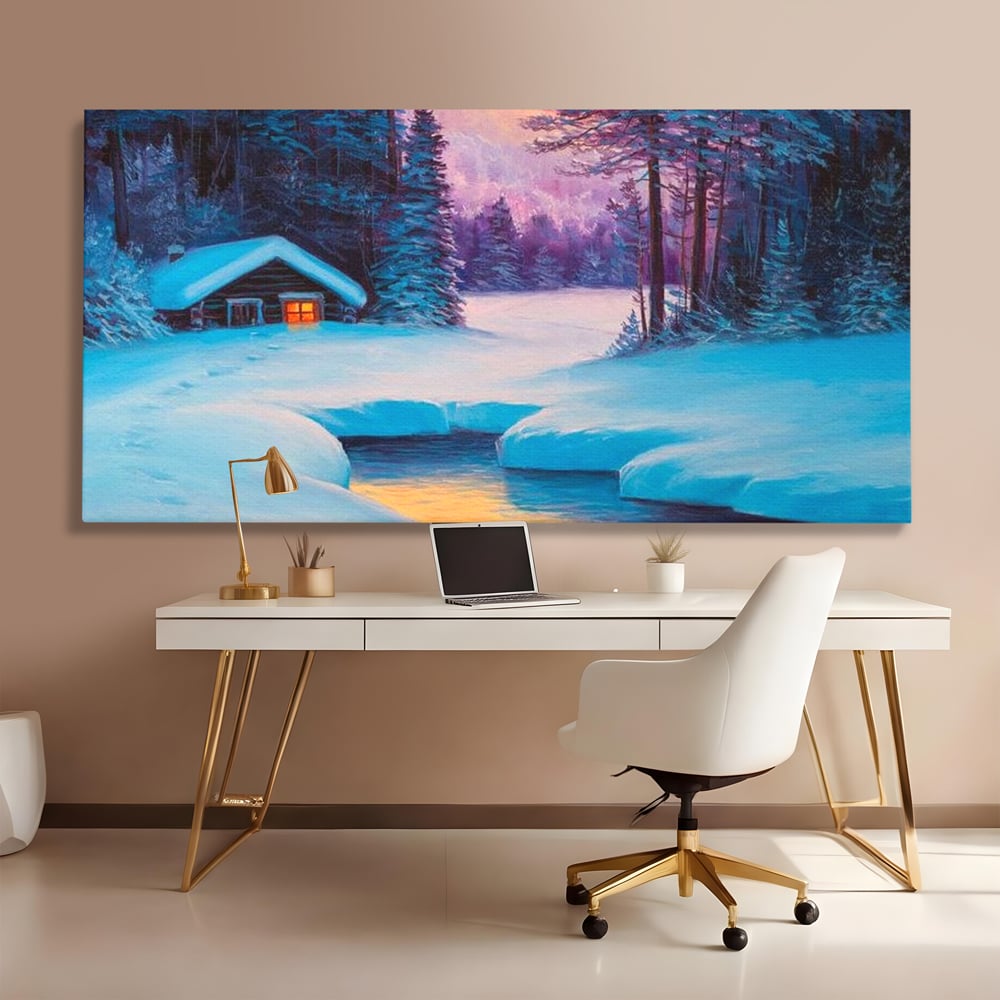 Tablou Canvas Premium LuxCanva® D1021, Cabana dintre Brazi , Brazi, Cabana, Semineu, Foc, Natura, Living Room, Culori vibrante
