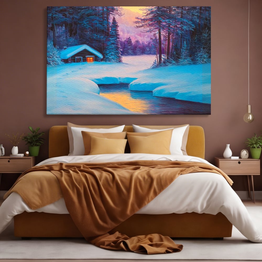 Tablou Canvas Premium LuxCanva® D1021, Cabana dintre Brazi , Brazi, Cabana, Semineu, Foc, Natura, Living Room, Culori vibrante