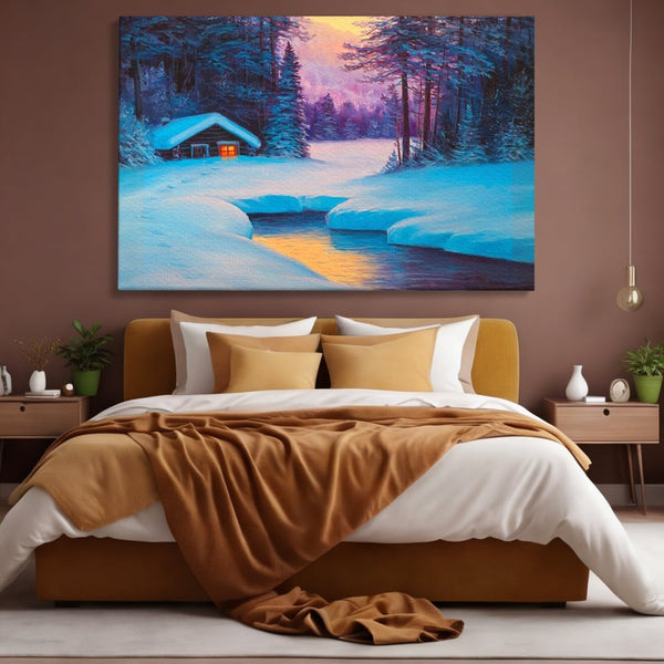 Tablou Canvas Premium LuxCanva® D1021, Cabana dintre Brazi , Brazi, Cabana, Semineu, Foc, Natura, Living Room, Culori vibrante