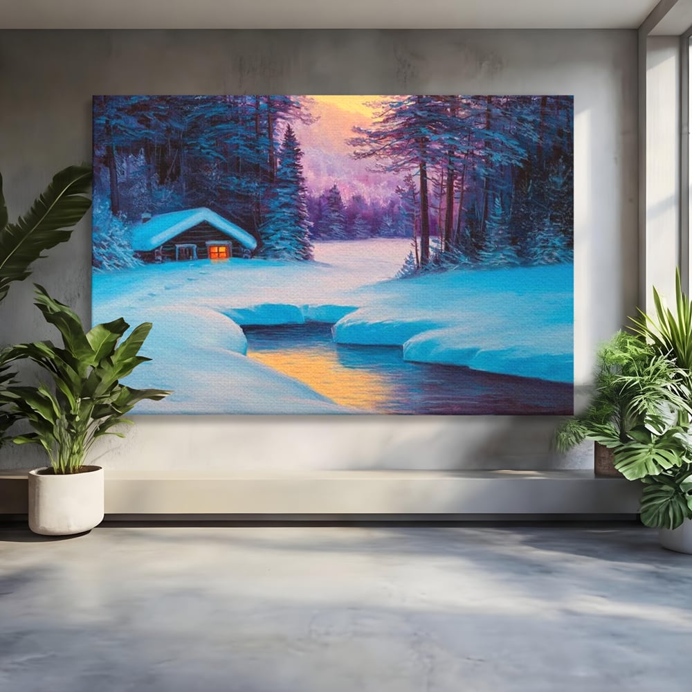 Tablou Canvas Premium LuxCanva® D1021, Cabana dintre Brazi , Brazi, Cabana, Semineu, Foc, Natura, Living Room, Culori vibrante