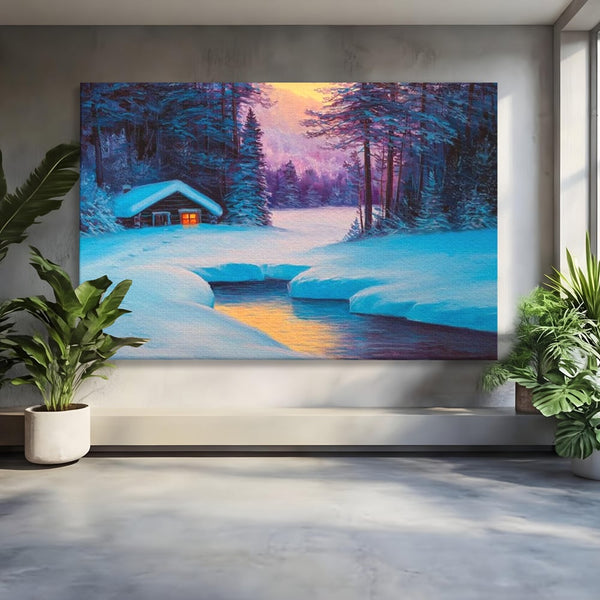 Tablou Canvas Premium LuxCanva® D1021, Cabana dintre Brazi , Brazi, Cabana, Semineu, Foc, Natura, Living Room, Culori vibrante