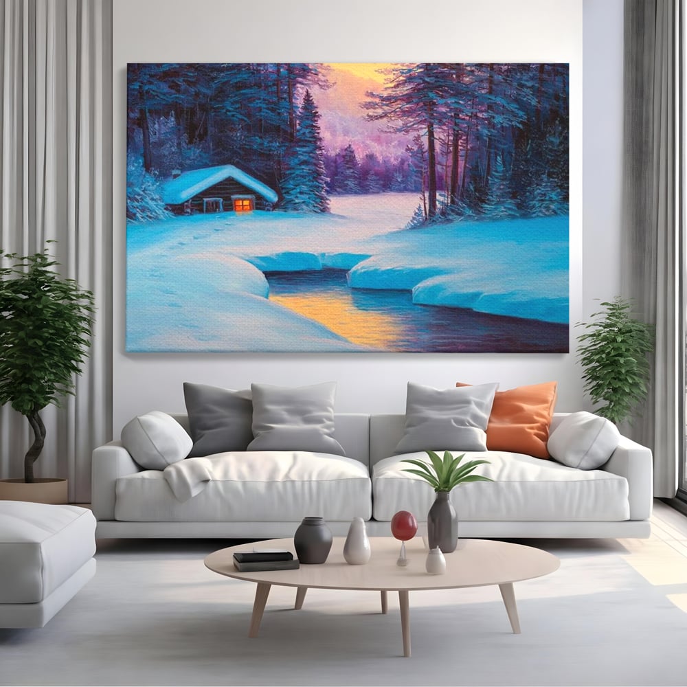 Tablou Canvas Premium LuxCanva® D1021, Cabana dintre Brazi , Brazi, Cabana, Semineu, Foc, Natura, Living Room, Culori vibrante