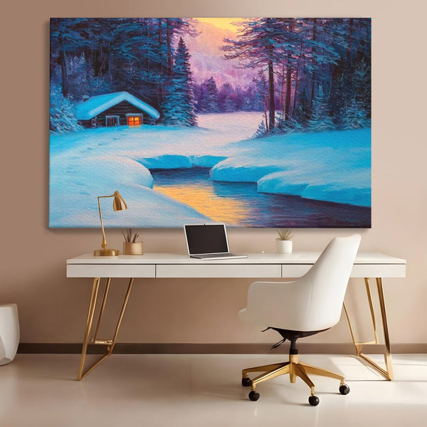 Tablou Canvas Premium LuxCanva® D1021, Cabana dintre Brazi , Brazi, Cabana, Semineu, Foc, Natura, Living Room, Culori vibrante