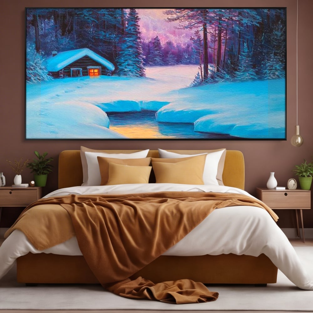 Tablou Canvas Premium LuxCanva® D1021, Cabana dintre Brazi , Brazi, Cabana, Semineu, Foc, Natura, Living Room, Culori vibrante