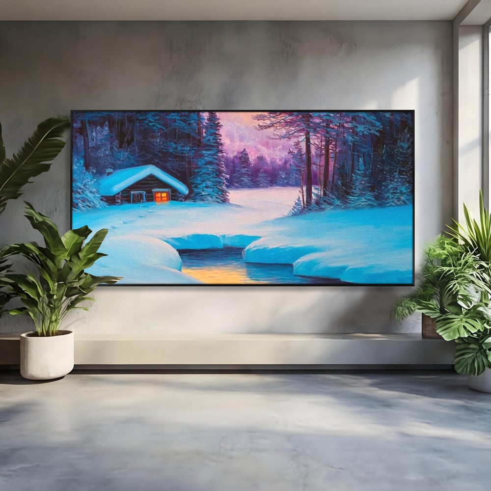 Tablou Canvas Premium LuxCanva® D1021, Cabana dintre Brazi , Brazi, Cabana, Semineu, Foc, Natura, Living Room, Culori vibrante