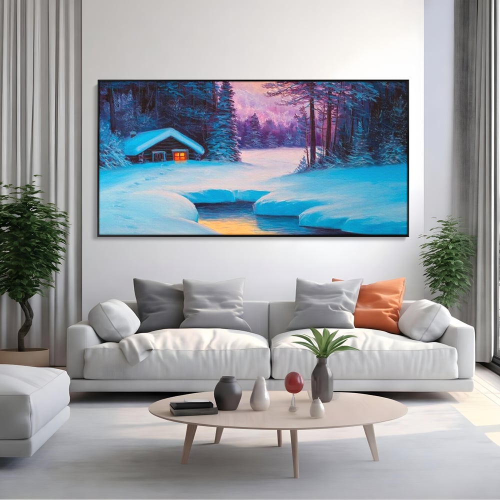 Tablou Canvas Premium LuxCanva® D1021, Cabana dintre Brazi , Brazi, Cabana, Semineu, Foc, Natura, Living Room, Culori vibrante