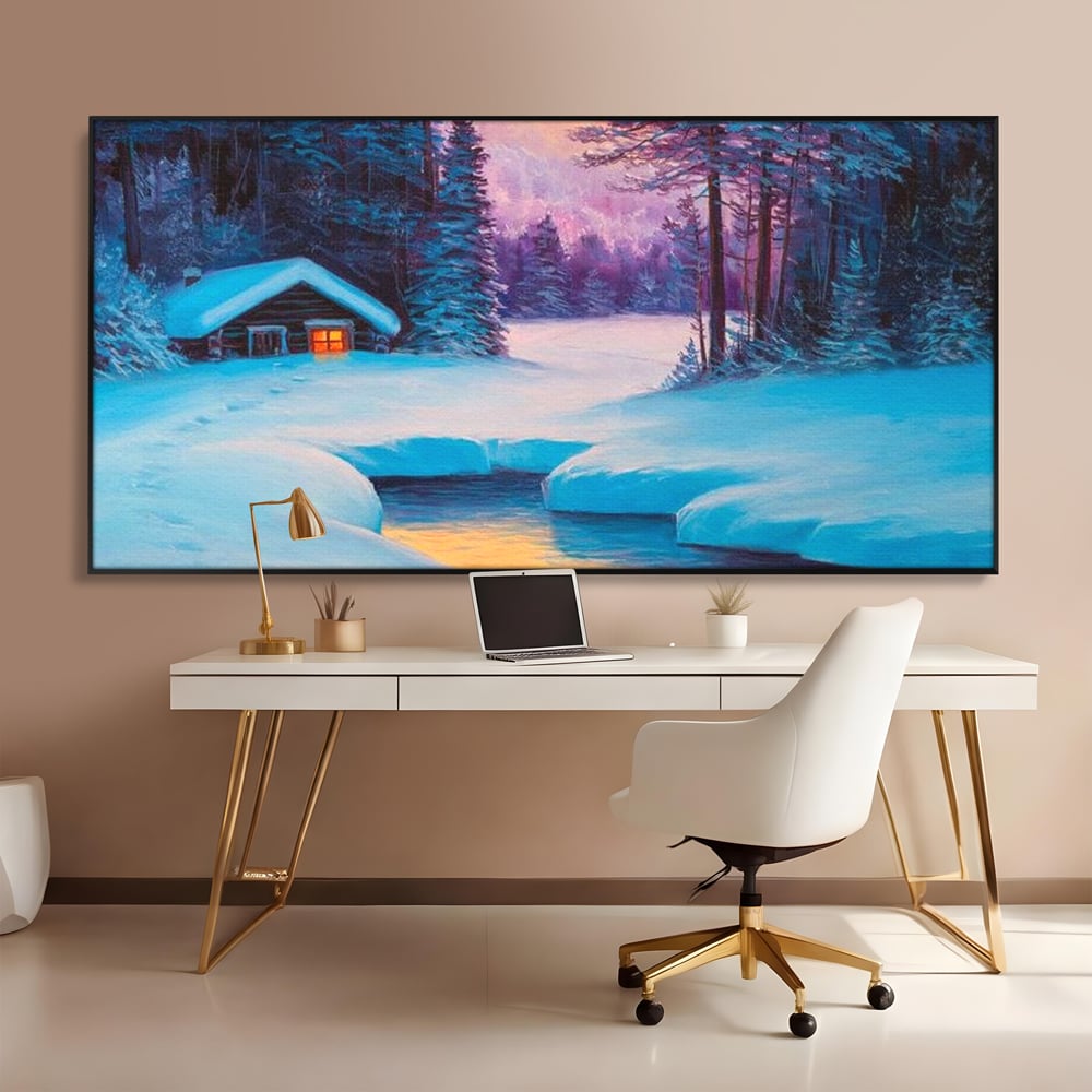 Tablou Canvas Premium LuxCanva® D1021, Cabana dintre Brazi , Brazi, Cabana, Semineu, Foc, Natura, Living Room, Culori vibrante