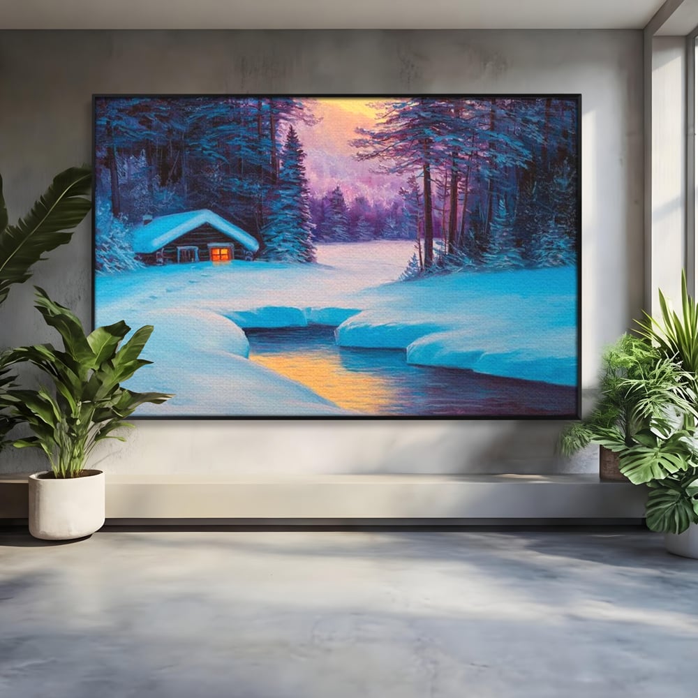 Tablou Canvas Premium LuxCanva® D1021, Cabana dintre Brazi , Brazi, Cabana, Semineu, Foc, Natura, Living Room, Culori vibrante