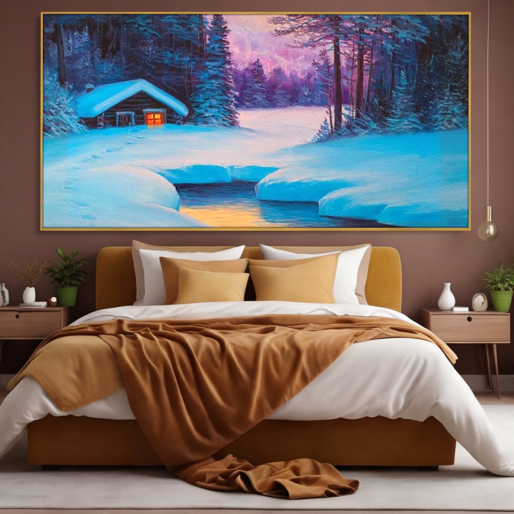 Tablou Canvas Premium LuxCanva® D1021, Cabana dintre Brazi , Brazi, Cabana, Semineu, Foc, Natura, Living Room, Culori vibrante
