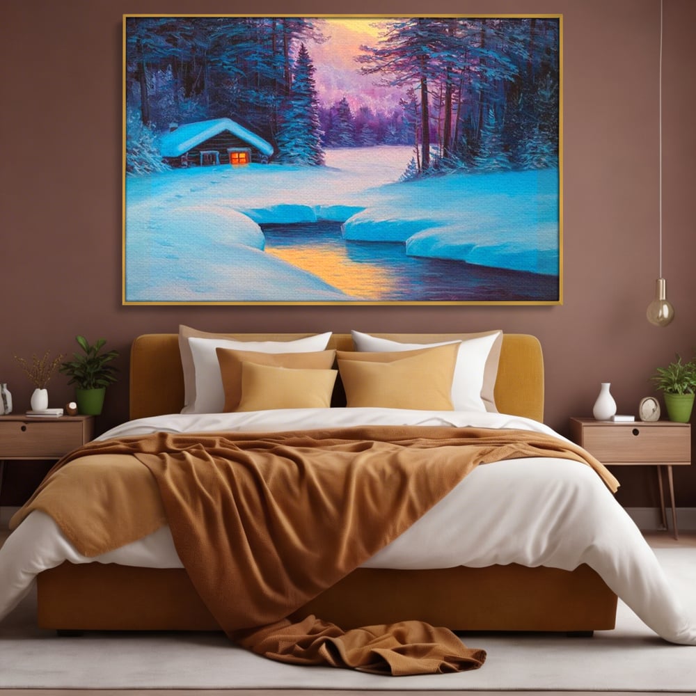 Tablou Canvas Premium LuxCanva® D1021, Cabana dintre Brazi , Brazi, Cabana, Semineu, Foc, Natura, Living Room, Culori vibrante