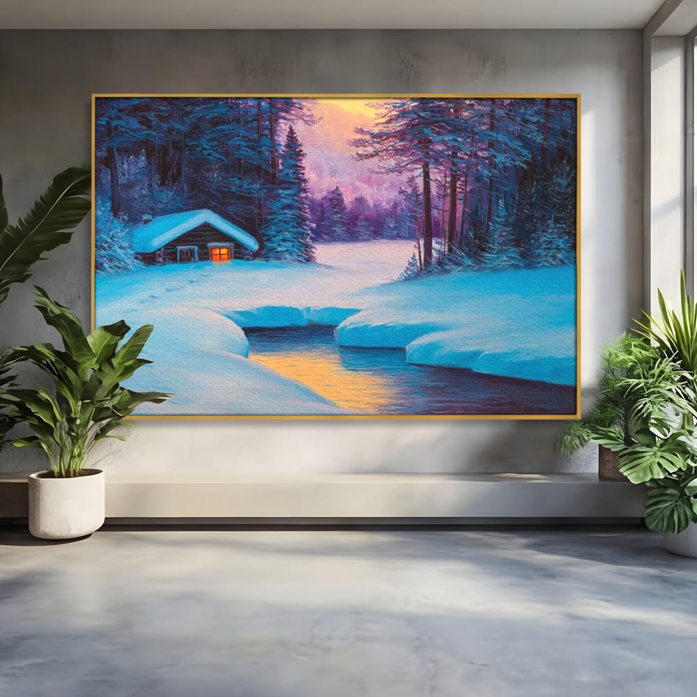 Tablou Canvas Premium LuxCanva® D1021, Cabana dintre Brazi , Brazi, Cabana, Semineu, Foc, Natura, Living Room, Culori vibrante