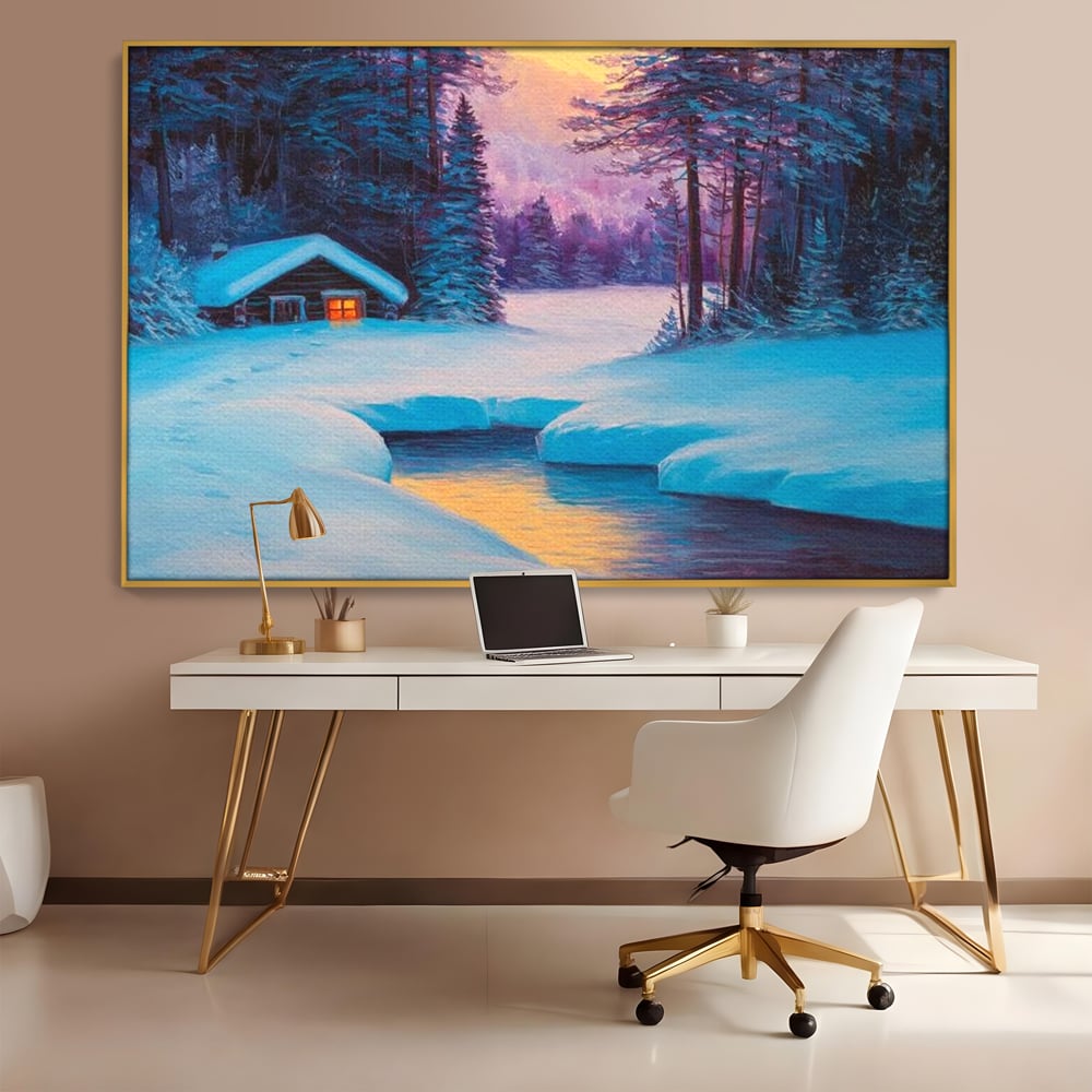 Tablou Canvas Premium LuxCanva® D1021, Cabana dintre Brazi , Brazi, Cabana, Semineu, Foc, Natura, Living Room, Culori vibrante