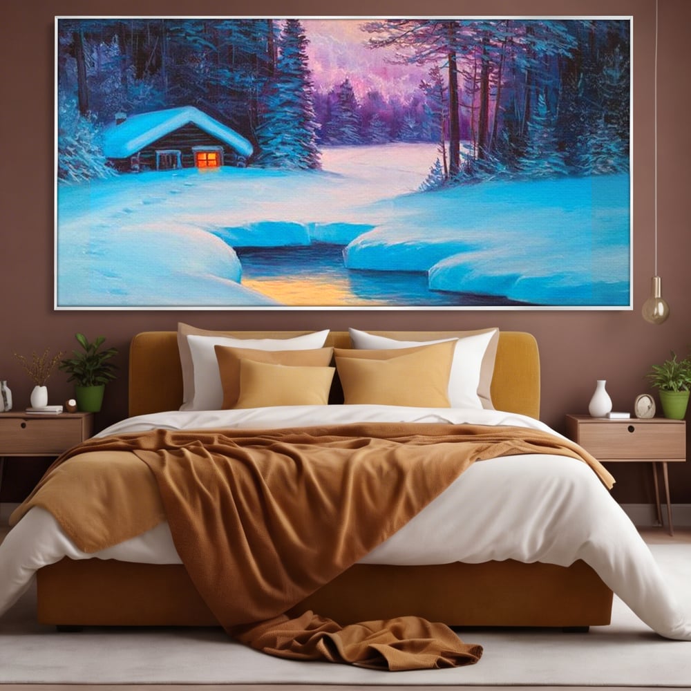 Tablou Canvas Premium LuxCanva® D1021, Cabana dintre Brazi , Brazi, Cabana, Semineu, Foc, Natura, Living Room, Culori vibrante