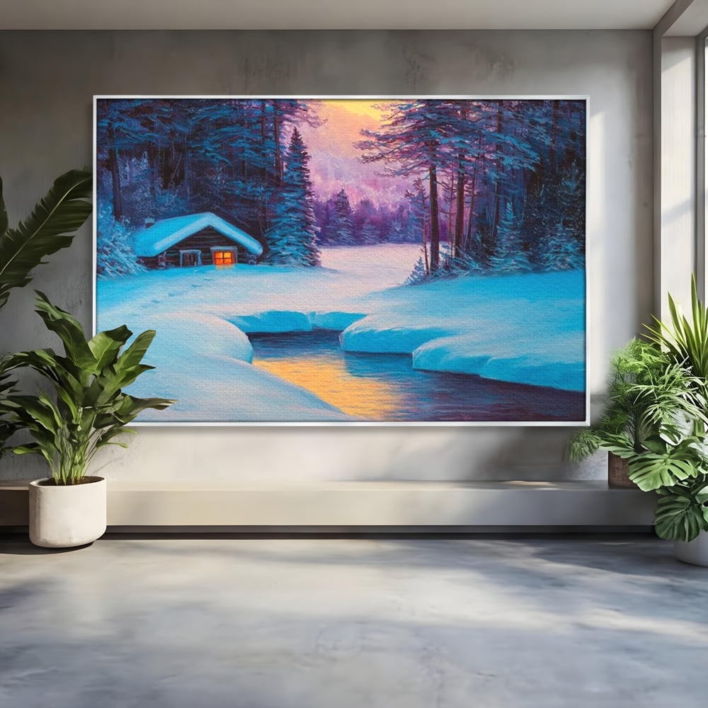 Tablou Canvas Premium LuxCanva® D1021, Cabana dintre Brazi , Brazi, Cabana, Semineu, Foc, Natura, Living Room, Culori vibrante