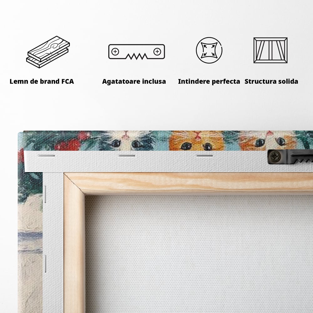 Tablou Canvas Premium LuxCanva® D1022, In asteptarea lui Mos Nicolae , Pisicute, Sosete, Semineu, Asteptare, Daruri, Living Room, Culori vibrante