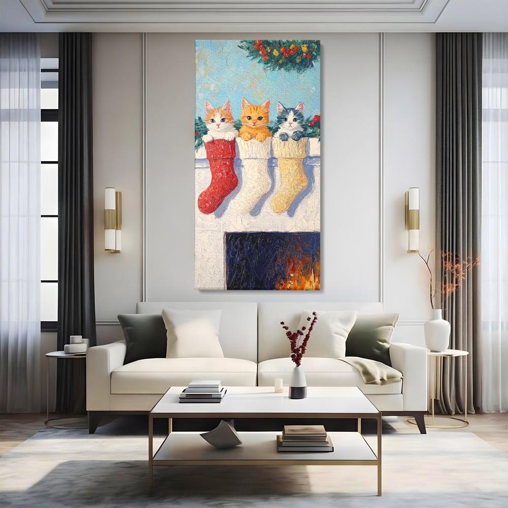 Tablou Canvas Premium LuxCanva® D1022, In asteptarea lui Mos Nicolae , Pisicute, Sosete, Semineu, Asteptare, Daruri, Living Room, Culori vibrante