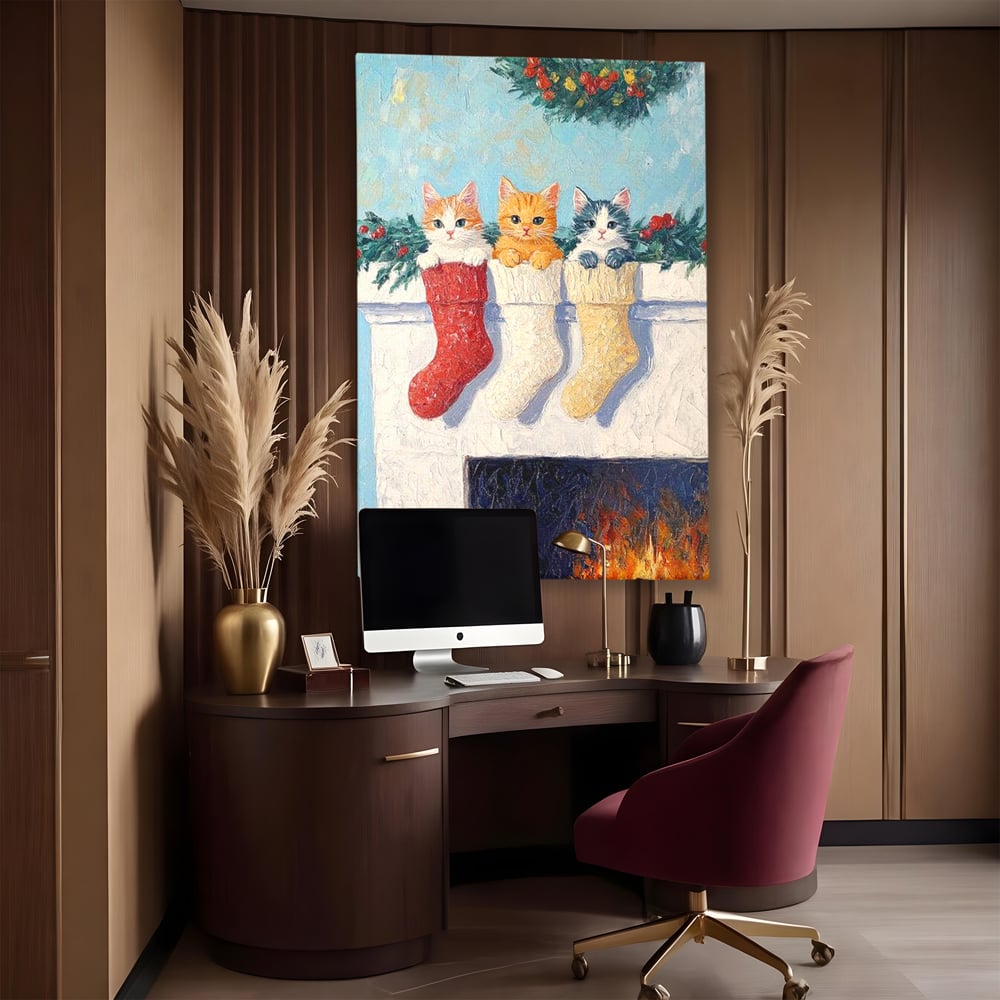 Tablou Canvas Premium LuxCanva® D1022, In asteptarea lui Mos Nicolae , Pisicute, Sosete, Semineu, Asteptare, Daruri, Living Room, Culori vibrante
